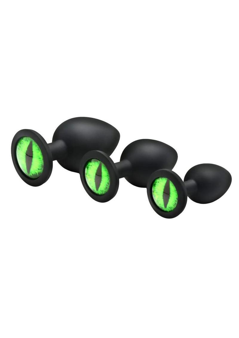 Creature Cocks Green Eye Silicone Butt Plug - Black/Green - 3 Piece/Set