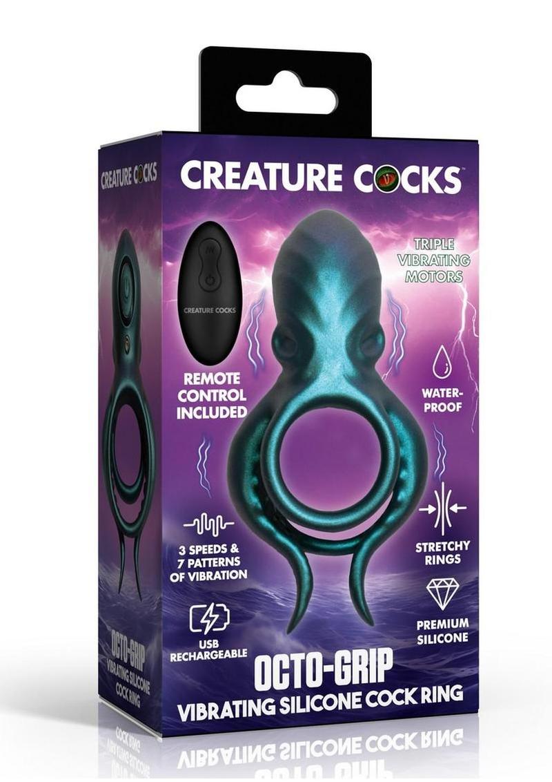 Creature Cocks Octo Grip Vibrating Rechargeable Silicone Cock Ring with Remote - Blue