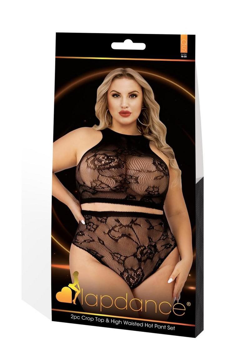 Lapdance Lingerie Crop Top and High Waist Hot Pants (2 Piece) - Queen Size - Black