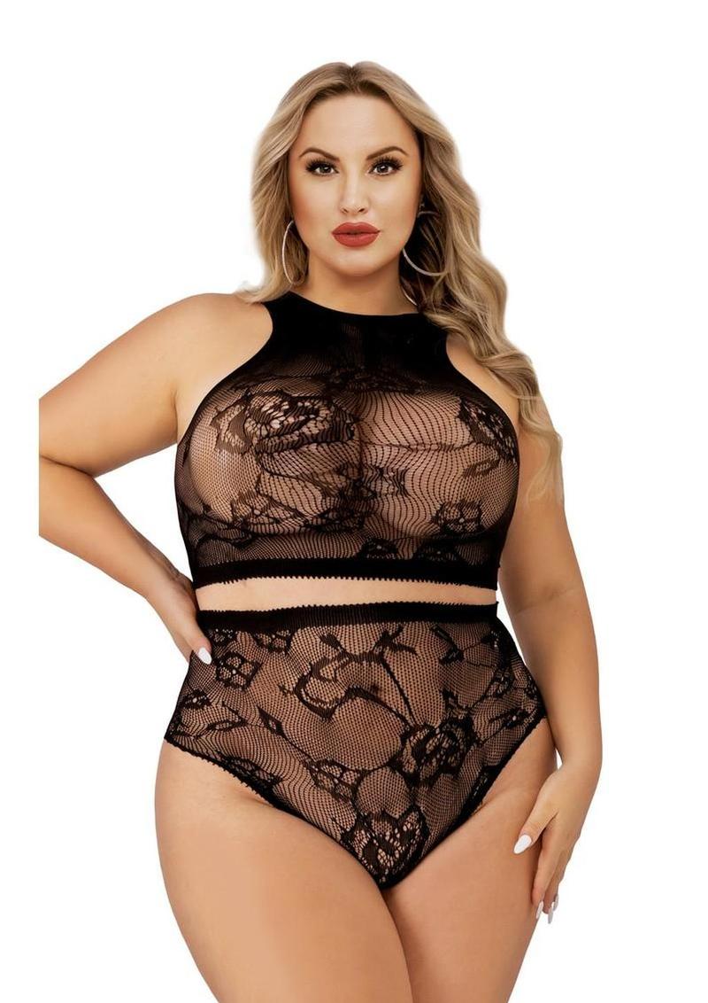 Lapdance Lingerie Crop Top and High Waist Hot Pants (2 Piece) - Queen Size - Black