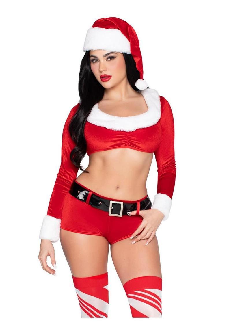 Leg Avenue Christmas Cutie Costume, Velvet Crop Top with Faux Fur Trim, Shorts, Belt and Santa Hat - Red/White - XSmall - 4 Piece