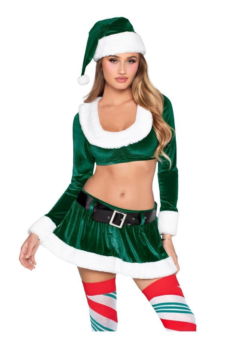 Leg Avenue Hoho Hottie, Velvet Crop Top with Faux Fur Trim, Mini Skirt, Belt and Santa Hat - Green/White - Small - 4 Piece