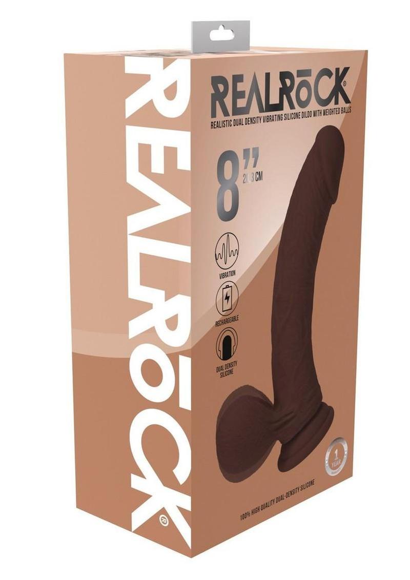 Realrock Rechargeable Silicone Dual Layered Vibrating Curved Dildo with Weighted Balls - Chocolate - 8in
