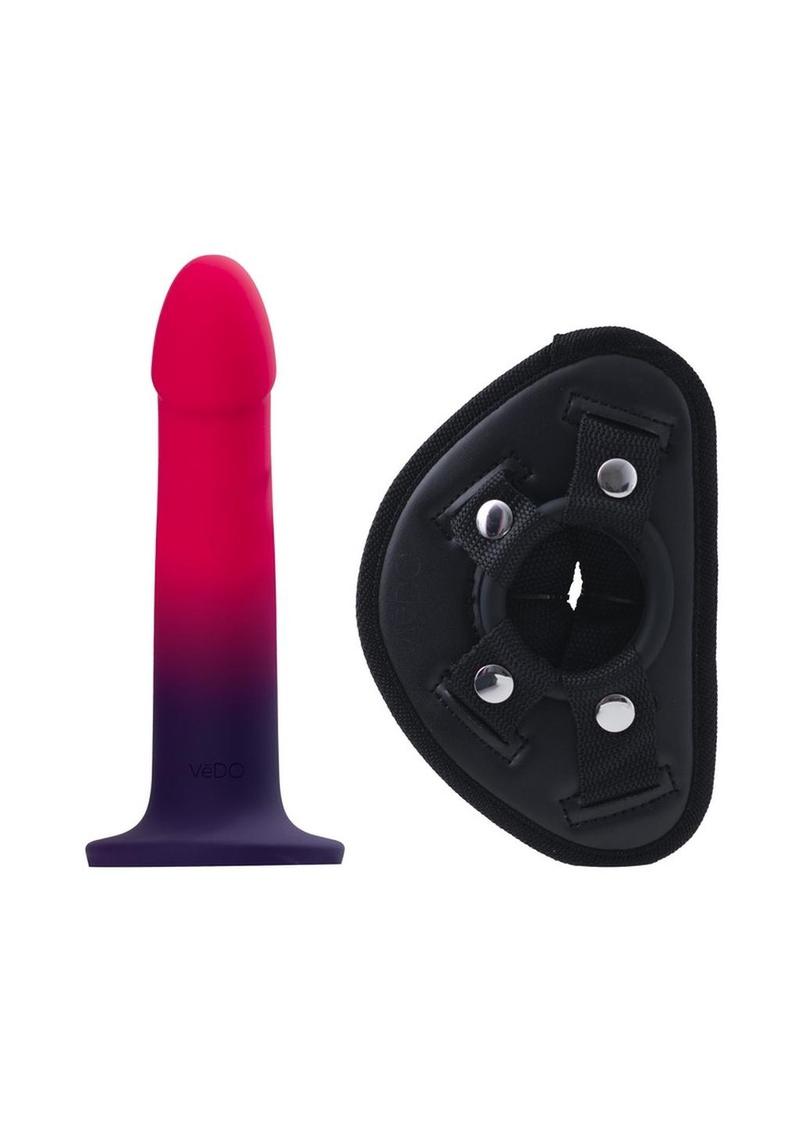 Vedo Duo Silicone Dildo with Harness - Pink/Purple