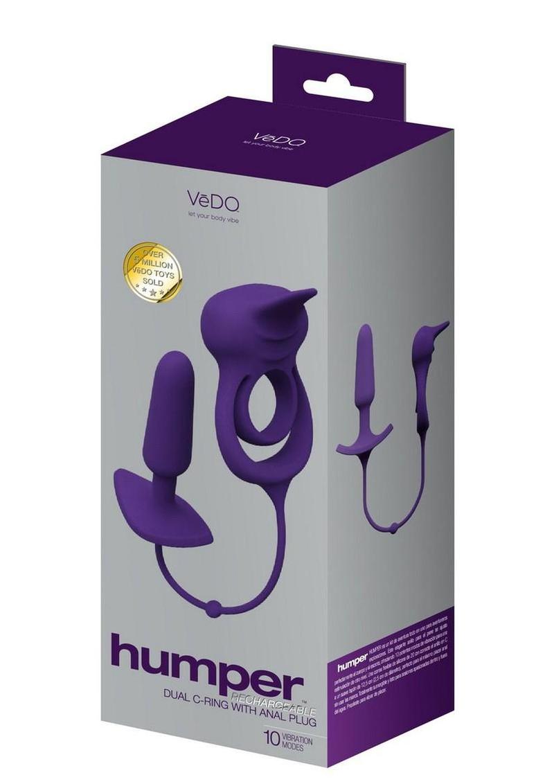 Vedo Humper Rechargeable Silicone Dual C-Ring with Anal Plug - Purple - 5in