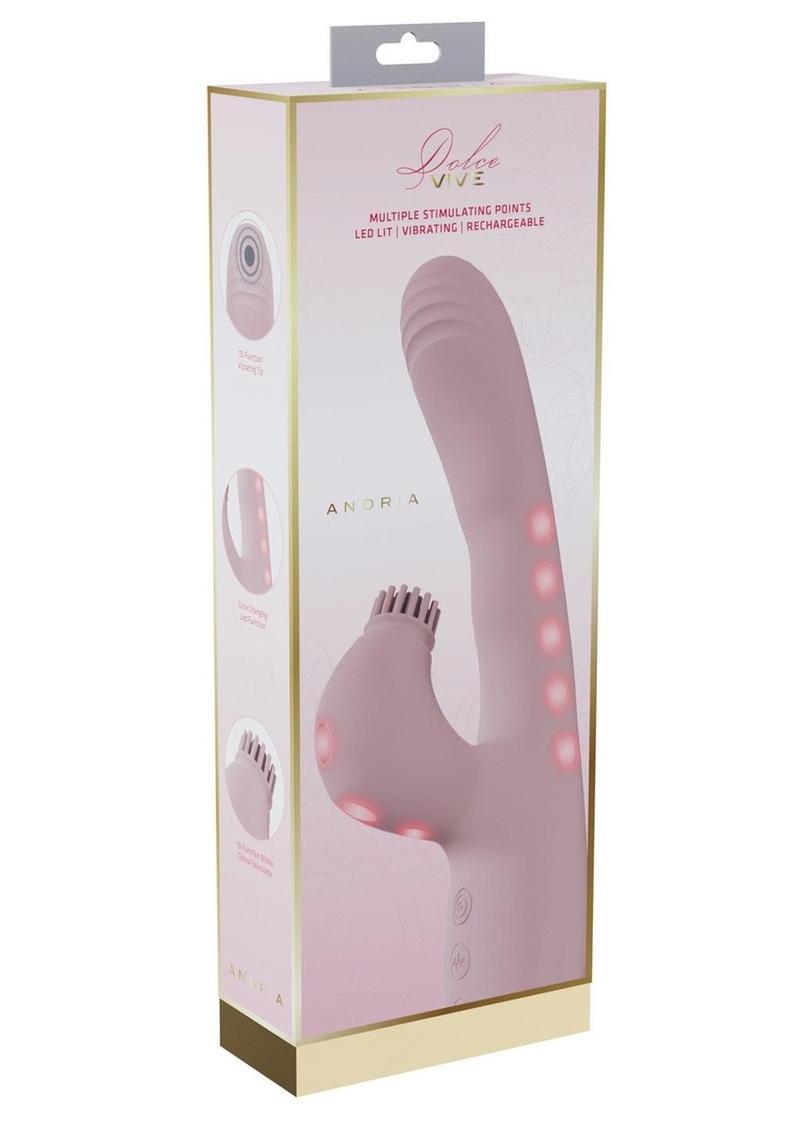 Vive Andria Led Rechargeable Silicone Dual Motor G-Spot Vibrating and Tap Clit Stimulator - Pink